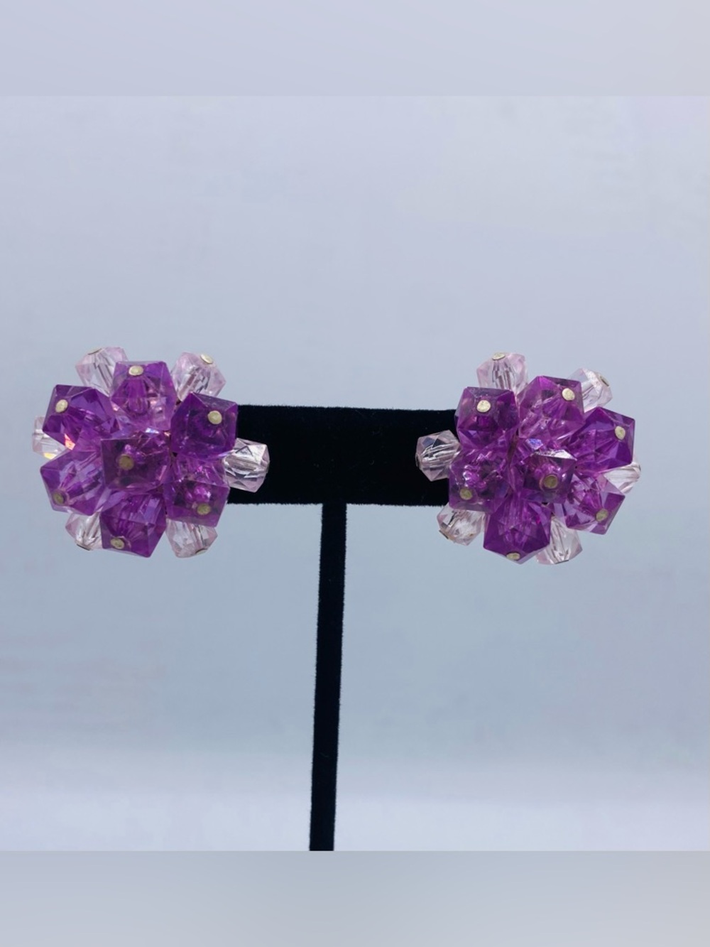 Vintage Made In Western Germany Purple Faceted Lucite Cluster Clip On Earrings